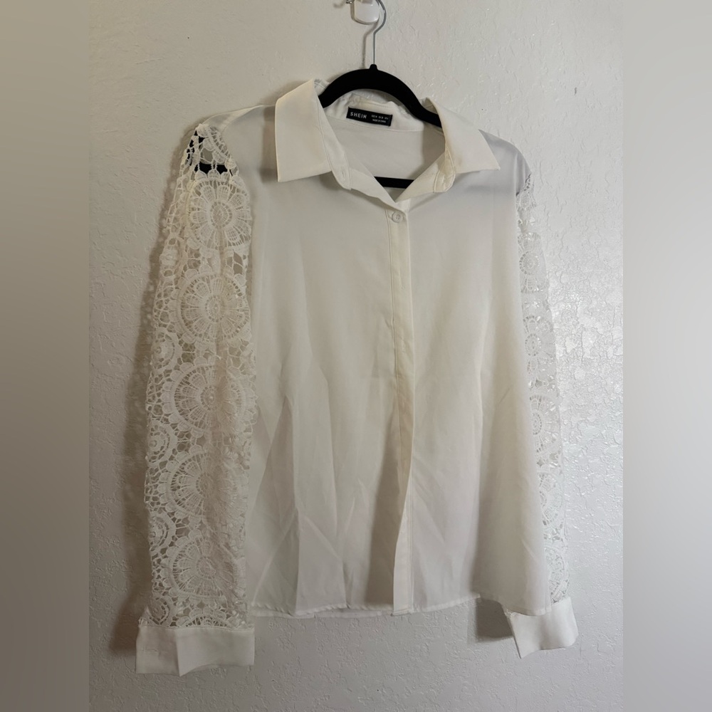 SHEIN Cream Button Down with Lace Sleeves